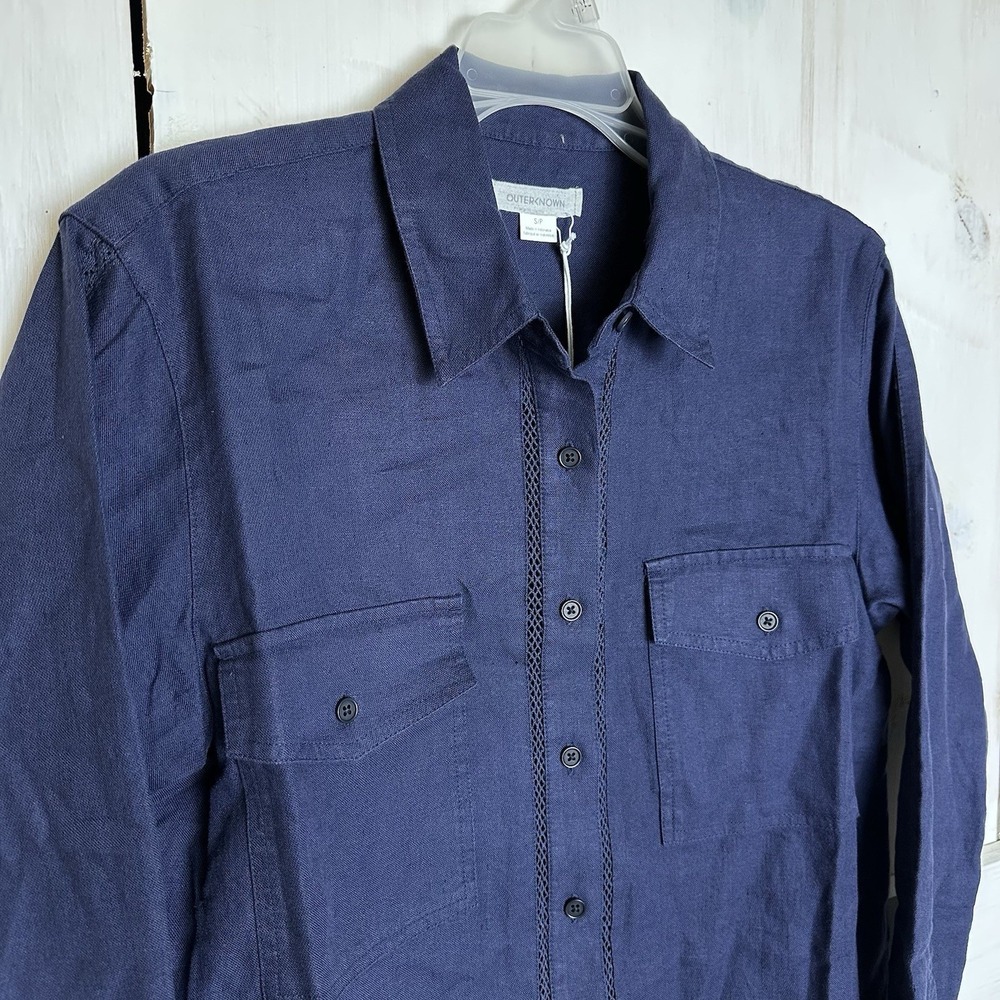Outerknown Navy Linen Organic Cotton Lace Trim Longline Shirt Dress Size S‎ NEW